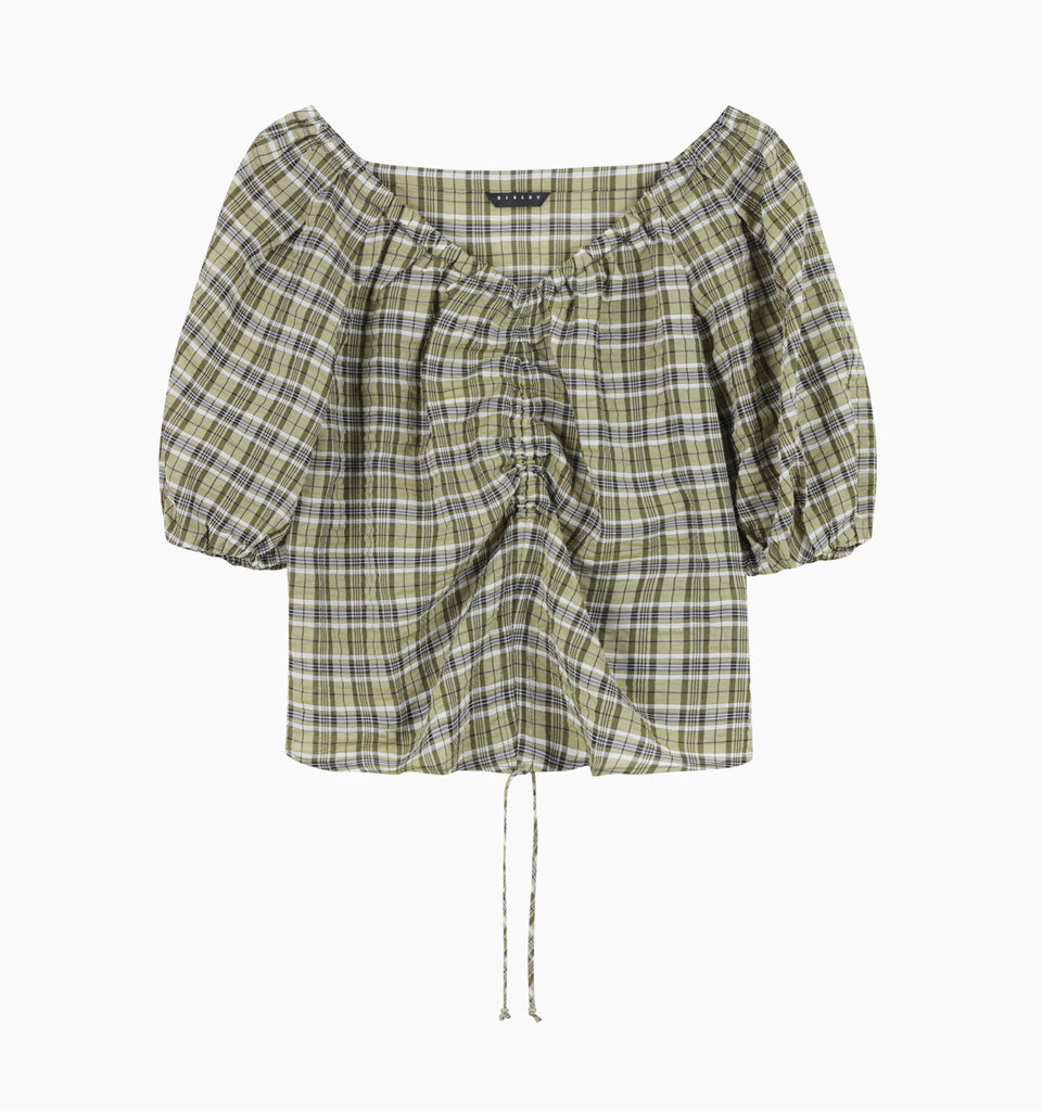 Khaki check blouse with rouching - null - Military Green | Sisley K image number 1